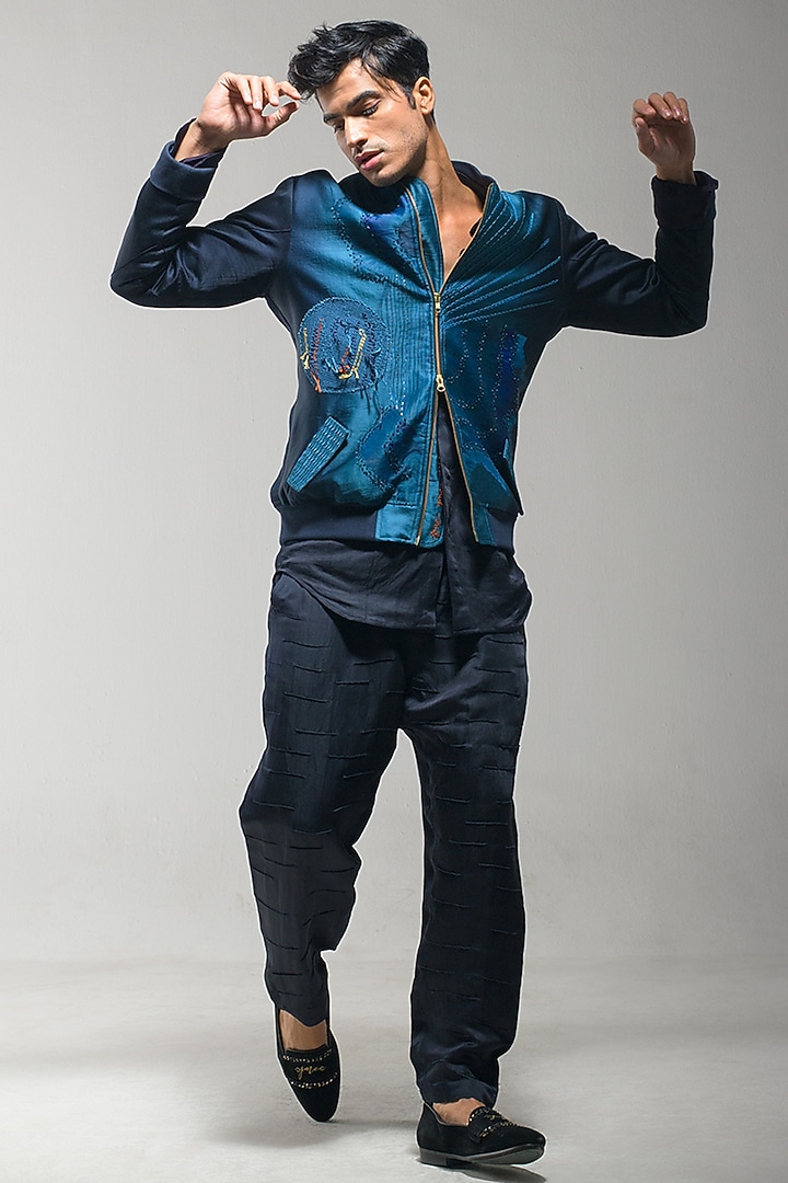 Midnight Blue & Teal Ombre Linen Silk Embroidered Bomber Jacket by Jatin Malik at Pernia's Pop Up Shop