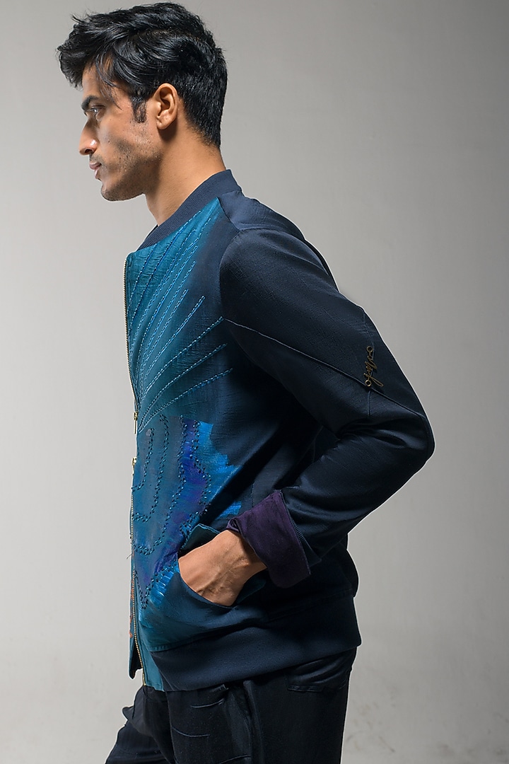 Midnight Blue & Teal Ombre Linen Silk Embroidered Bomber Jacket by Jatin Malik at Pernia's Pop Up Shop