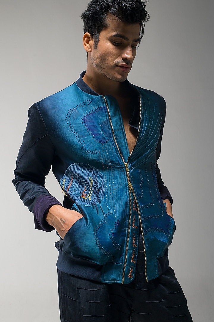 Midnight Blue & Teal Ombre Linen Silk Embroidered Bomber Jacket by Jatin Malik at Pernia's Pop Up Shop