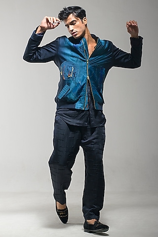 Midnight Blue & Teal Ombre Linen Silk Bomber Jacket Set by Jatin Malik