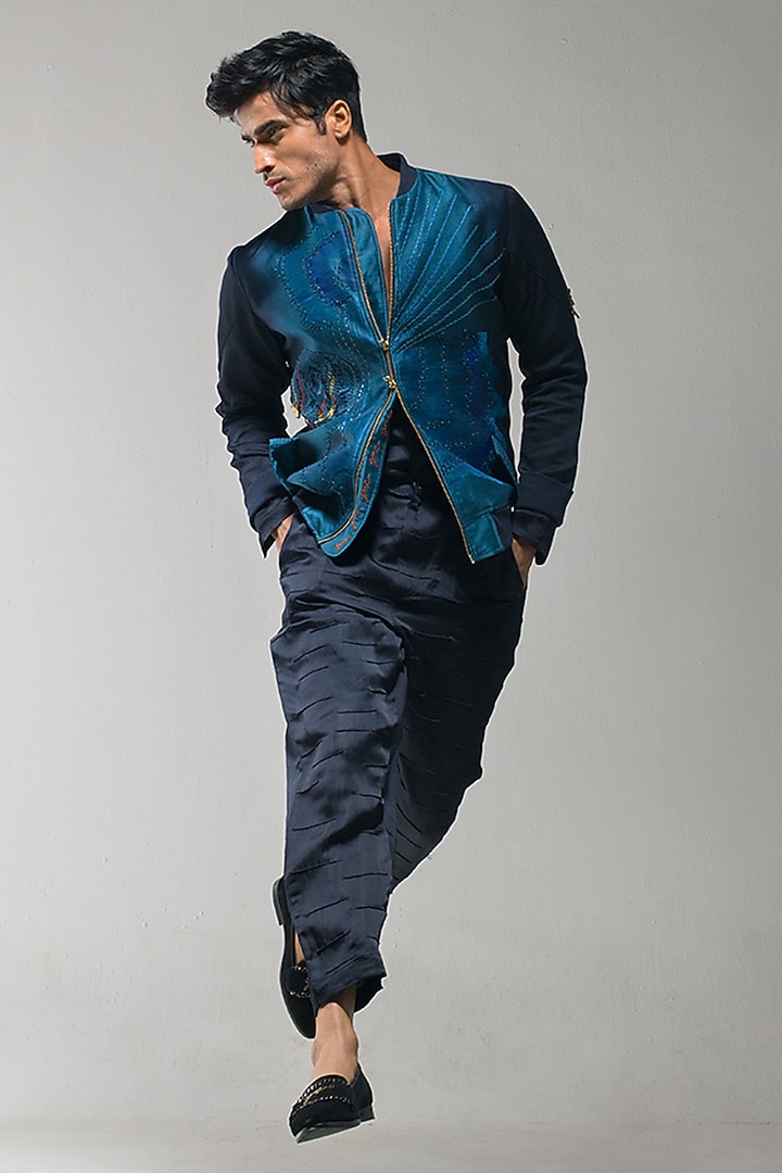 Midnight Blue & Teal Ombre Linen Silk Bomber Jacket Set by Jatin Malik at Pernia's Pop Up Shop