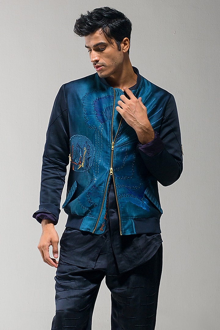 Midnight Blue & Teal Ombre Linen Silk Bomber Jacket Set by Jatin Malik at Pernia's Pop Up Shop