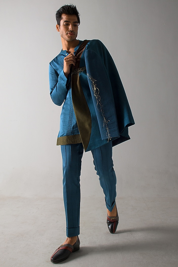 Teal Blue Linen Silk Hand Embroidered Blazer by Jatin Malik