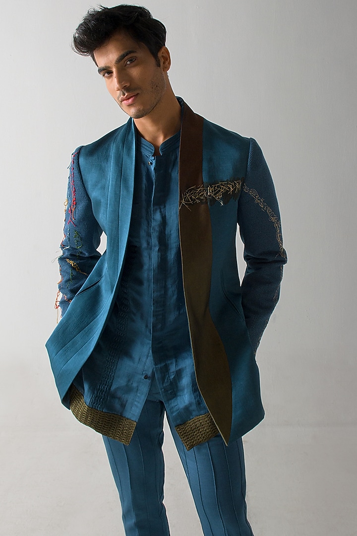 Teal Blue Linen Silk Hand Embroidered Blazer by Jatin Malik at Pernia's Pop Up Shop