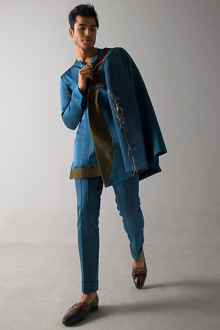 Teal Blue Linen Silk Trousers by Jatin Malik at Pernia's Pop Up Shop