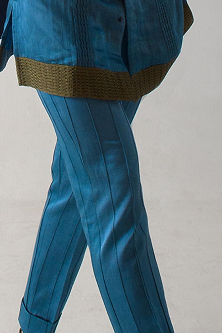 Teal Blue Linen Silk Trousers by Jatin Malik at Pernia's Pop Up Shop