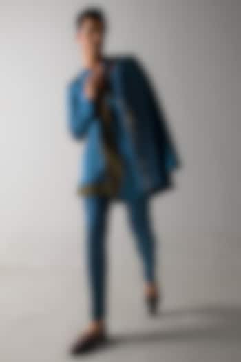 Teal Blue Linen Silk Blazer Set by Jatin Malik
