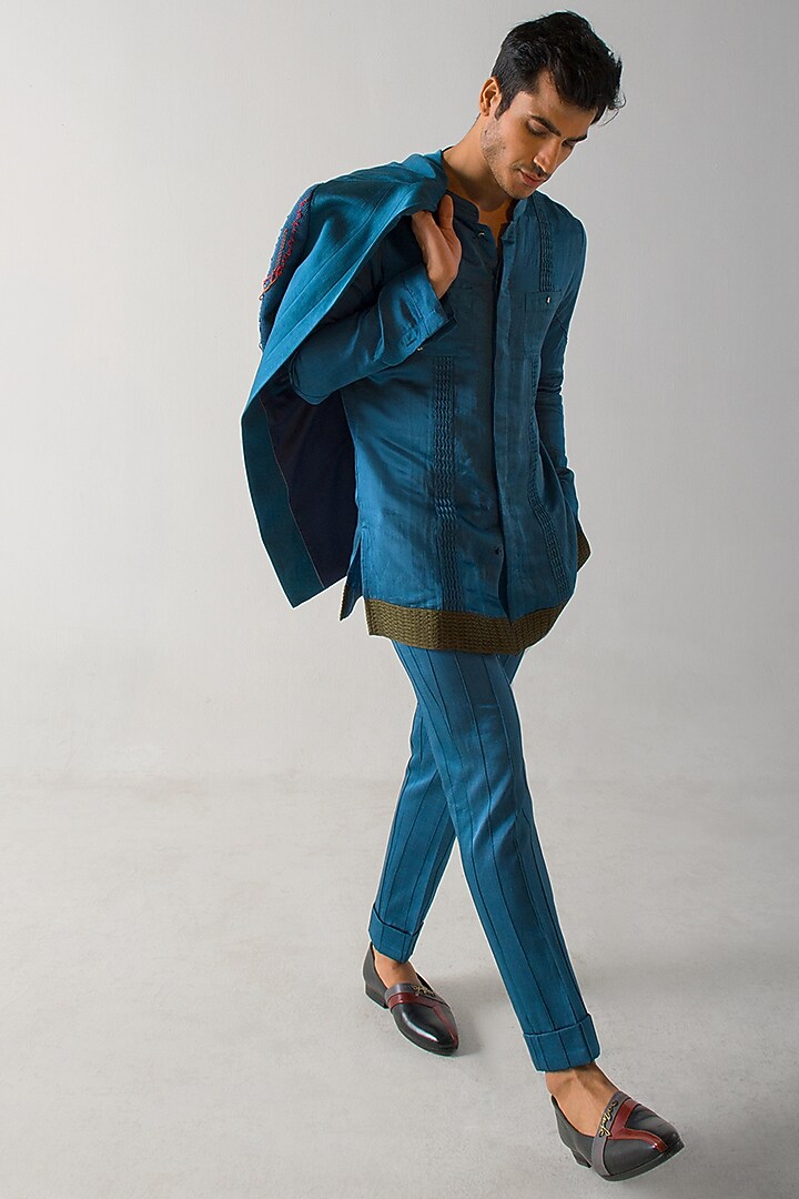 Teal Blue Linen Silk Blazer Set by Jatin Malik at Pernia's Pop Up Shop