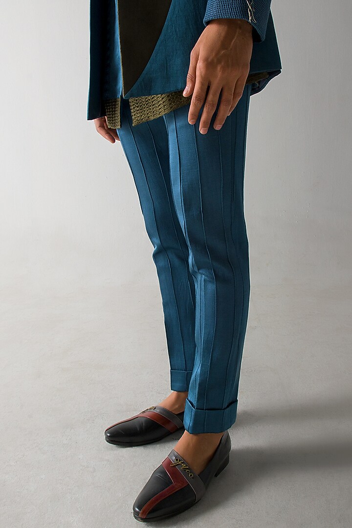 Teal Blue Linen Silk Blazer Set by Jatin Malik at Pernia's Pop Up Shop