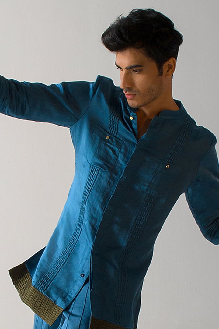 Teal Blue Linen Silk Blazer Set by Jatin Malik at Pernia's Pop Up Shop
