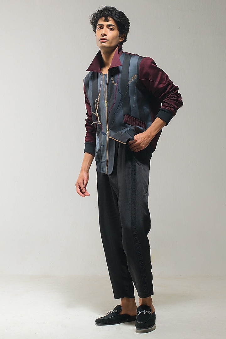 Charcoal Grey & Wine Linen Silk Embroidered Bomber Jacket by Jatin Malik