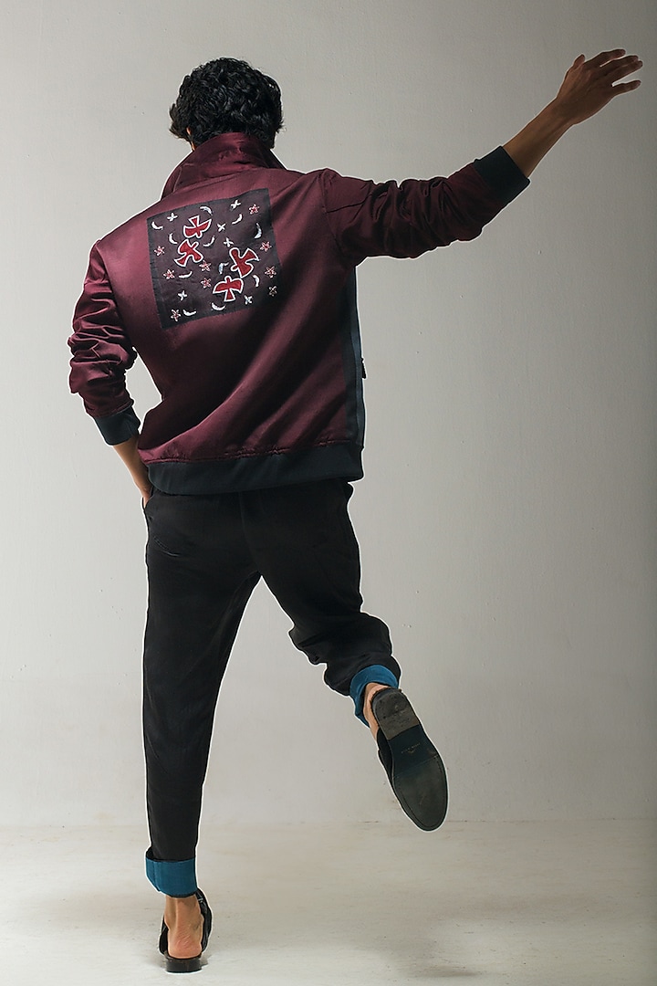 Charcoal Grey & Wine Linen Silk Embroidered Bomber Jacket by Jatin Malik at Pernia's Pop Up Shop