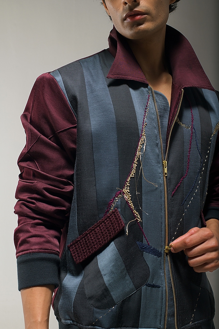Charcoal Grey & Wine Linen Silk Embroidered Bomber Jacket by Jatin Malik at Pernia's Pop Up Shop