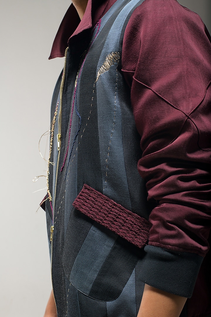Charcoal Grey & Wine Linen Silk Embroidered Bomber Jacket by Jatin Malik at Pernia's Pop Up Shop