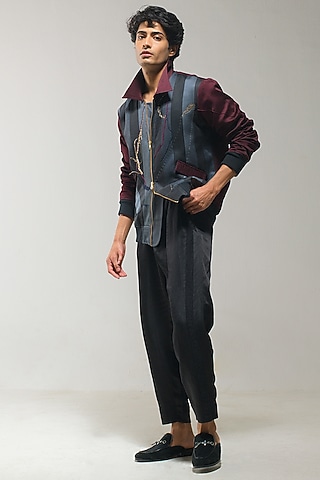 Charcoal Grey & Wine Linen Silk Embroidered Bomber Jacket Set by Jatin Malik