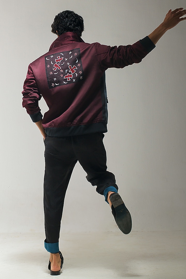 Charcoal Grey & Wine Linen Silk Embroidered Bomber Jacket Set by Jatin Malik at Pernia's Pop Up Shop