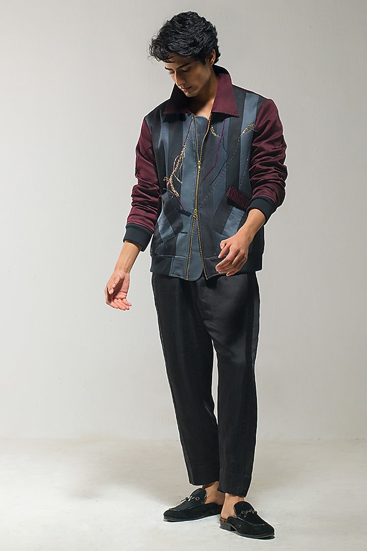 Charcoal Grey & Wine Linen Silk Embroidered Bomber Jacket Set by Jatin Malik at Pernia's Pop Up Shop