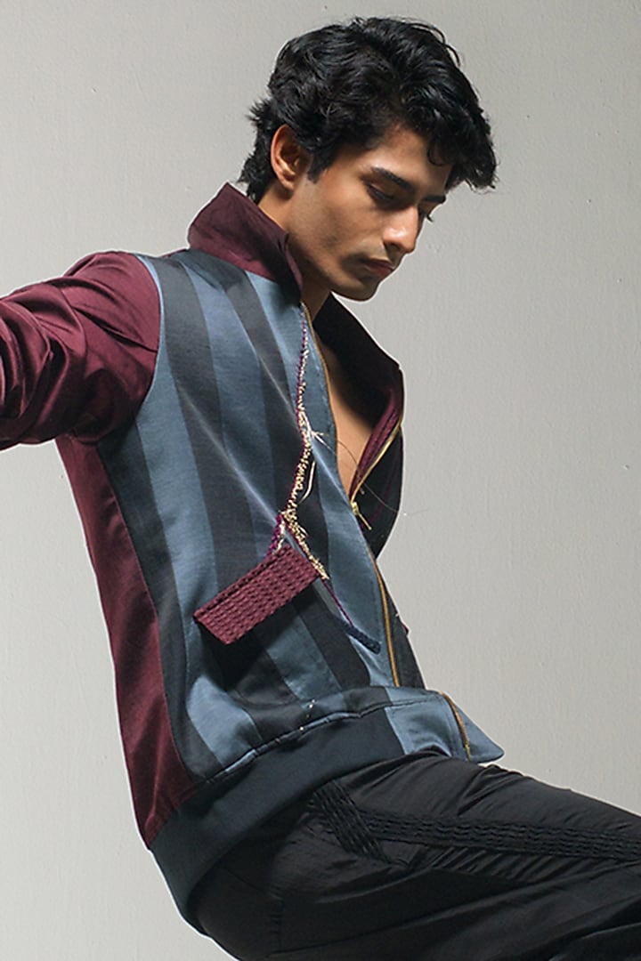 Charcoal Grey & Wine Linen Silk Embroidered Bomber Jacket Set by Jatin Malik at Pernia's Pop Up Shop