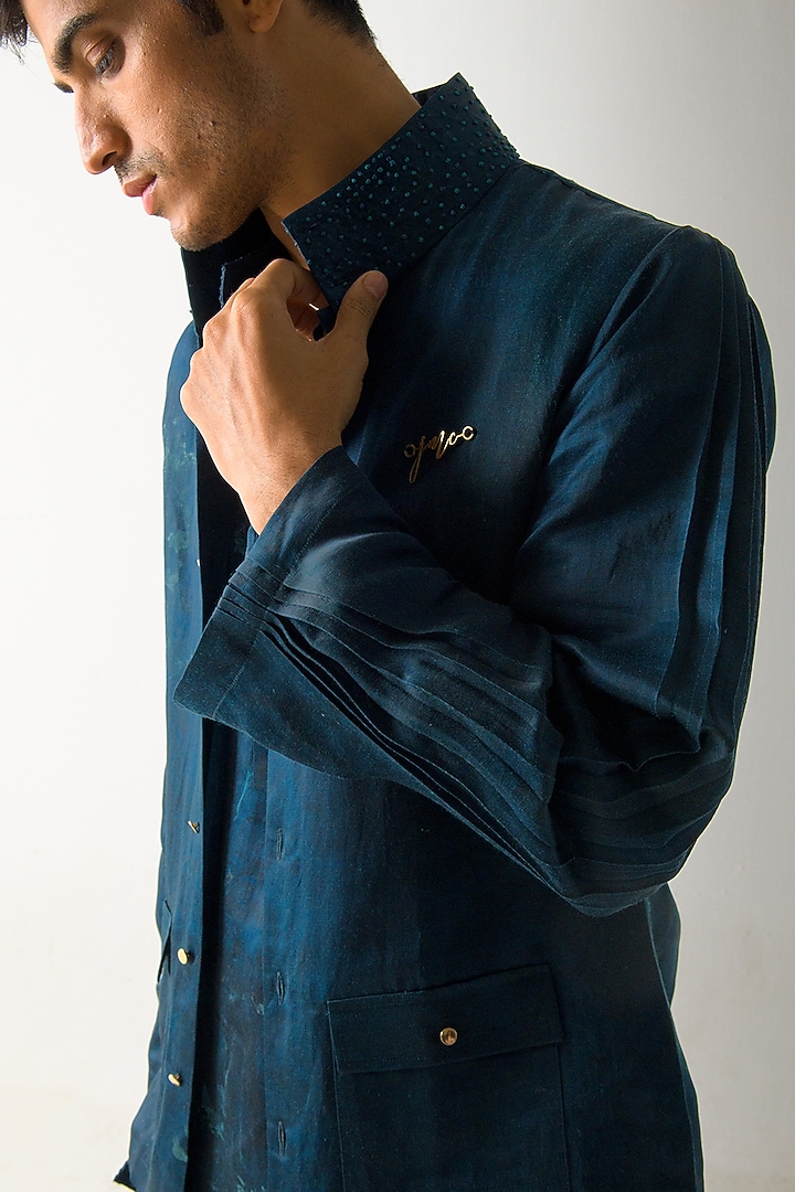 Peacock Green Linen Silk Marble Dyed Jacket by Jatin Malik at Pernia's Pop Up Shop