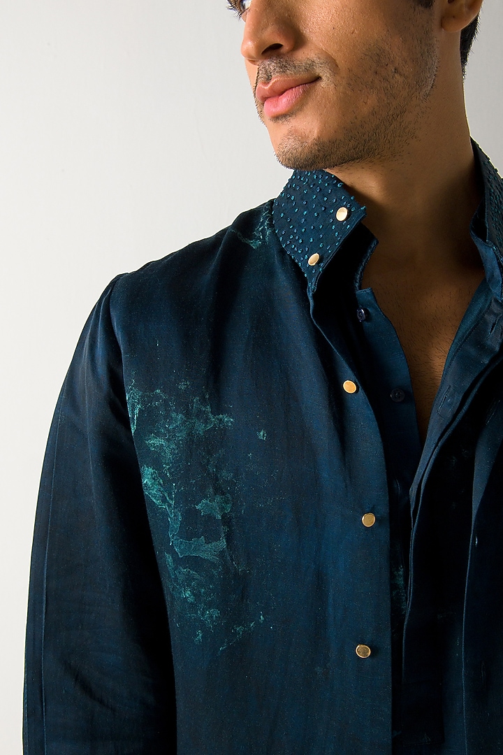 Peacock Green Linen Silk Marble Dyed Jacket by Jatin Malik at Pernia's Pop Up Shop