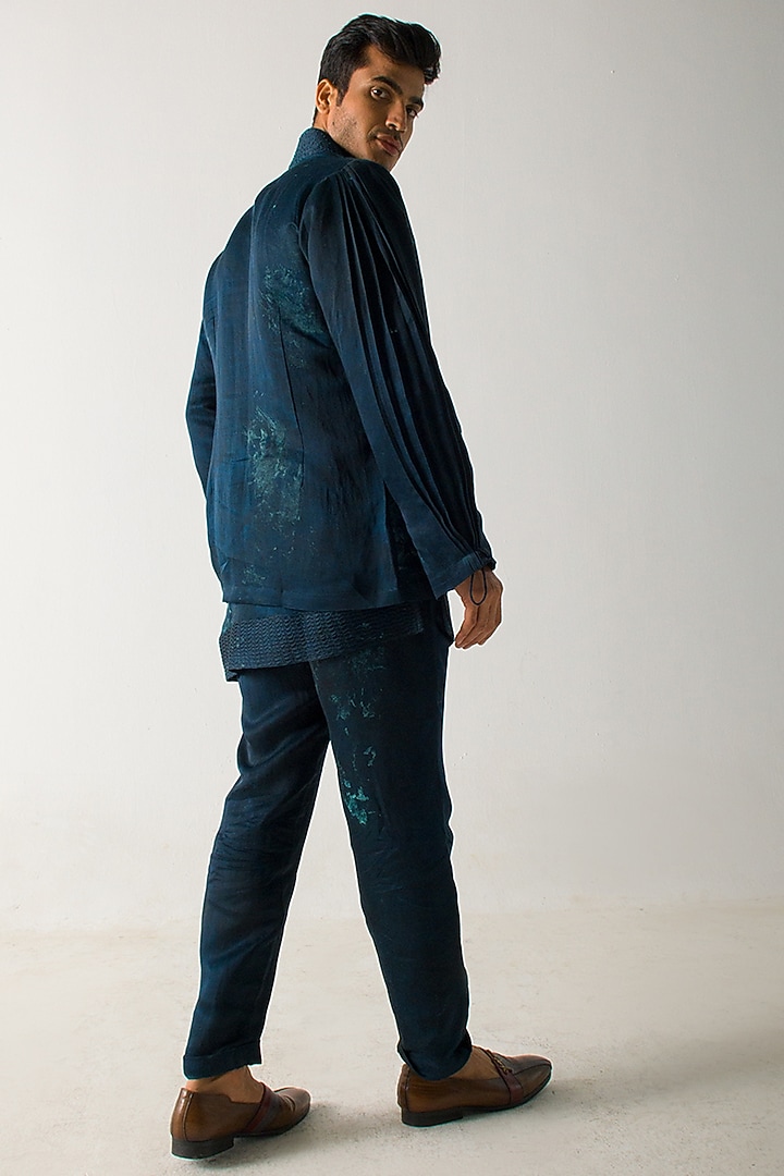 Peacock Green Linen Silk Marble Dyed Trousers by Jatin Malik at Pernia's Pop Up Shop