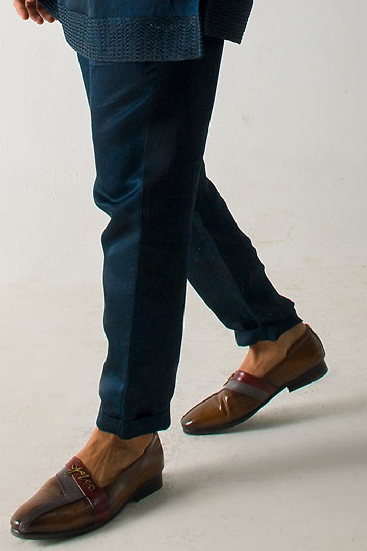 Peacock Green Linen Silk Marble Dyed Trousers by Jatin Malik at Pernia's Pop Up Shop