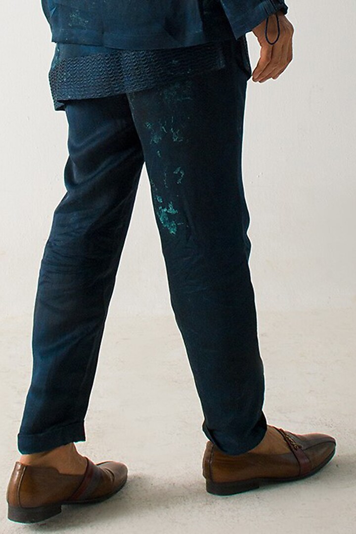 Peacock Green Linen Silk Marble Dyed Trousers by Jatin Malik at Pernia's Pop Up Shop