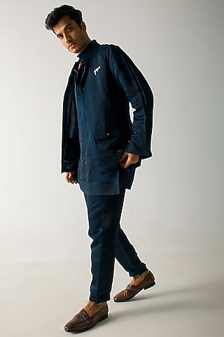 Peacock Green Linen Silk Marble Dyed Jacket Set by Jatin Malik