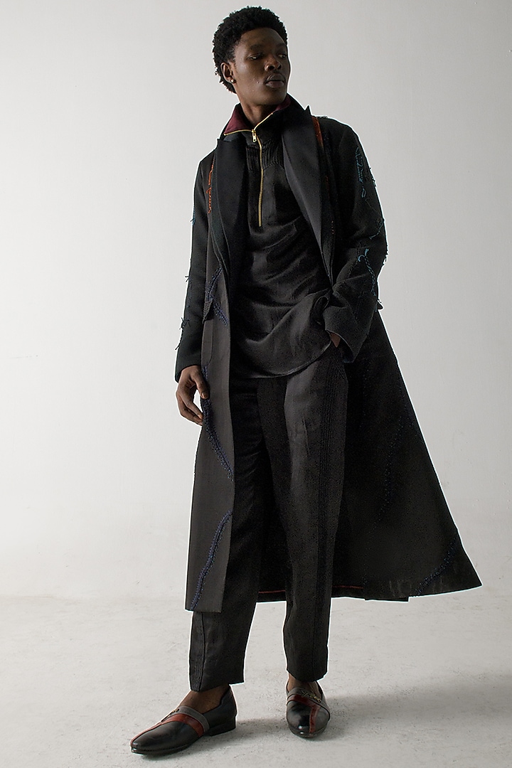 Black Modal Rayon Embroidered Overcoat by Jatin Malik
