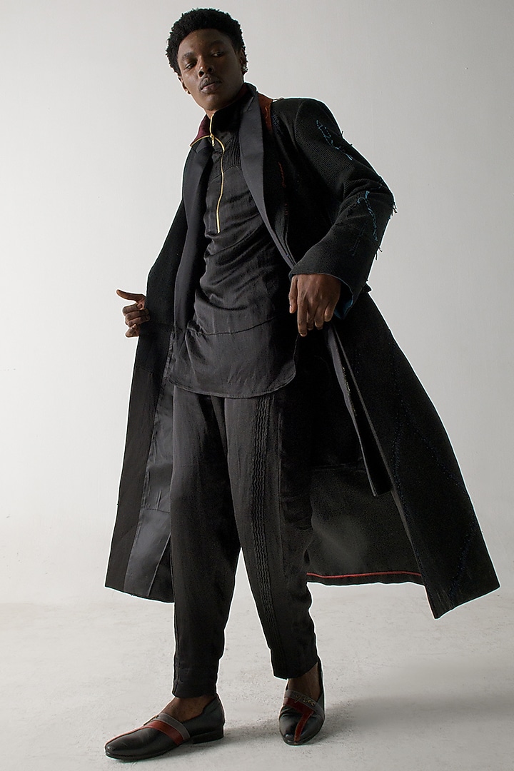 Black Modal Rayon Embroidered Overcoat by Jatin Malik at Pernia's Pop Up Shop