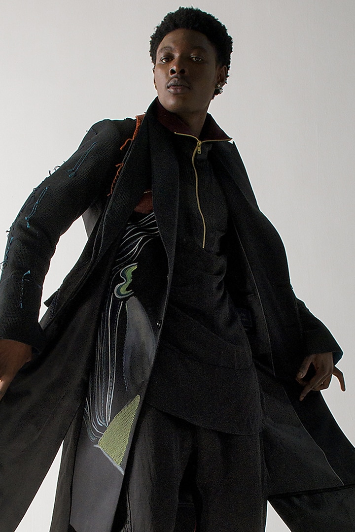Black Modal Rayon Embroidered Overcoat by Jatin Malik at Pernia's Pop Up Shop