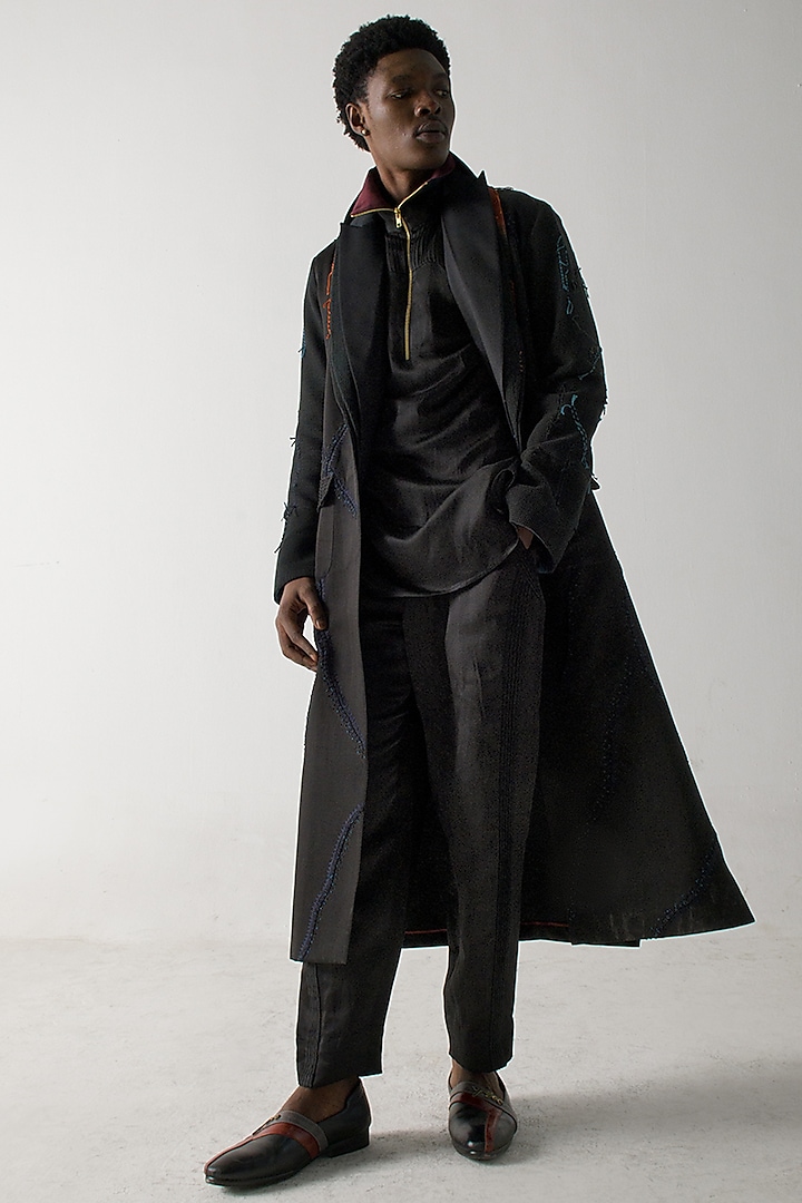 Black Modal Rayon Paper Bag Trousers by Jatin Malik