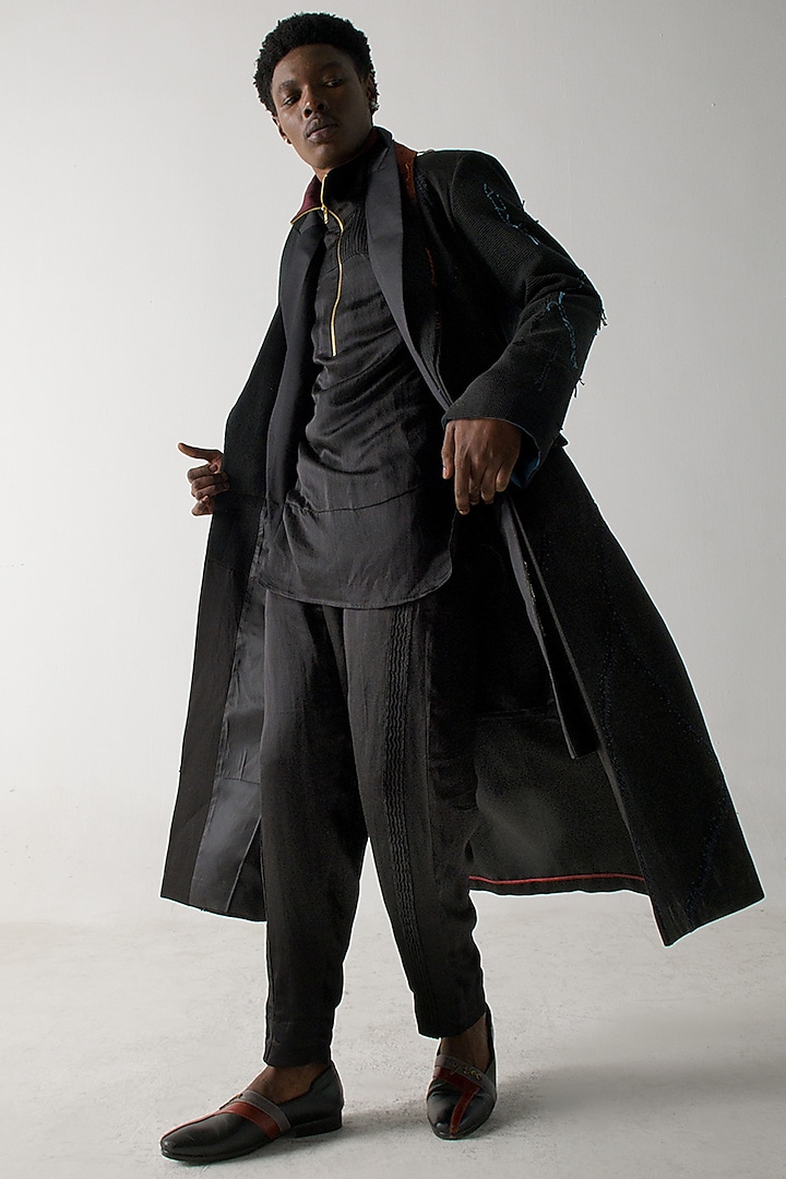 Black Modal Rayon Embroidered Overcoat Set by Jatin Malik at Pernia's Pop Up Shop