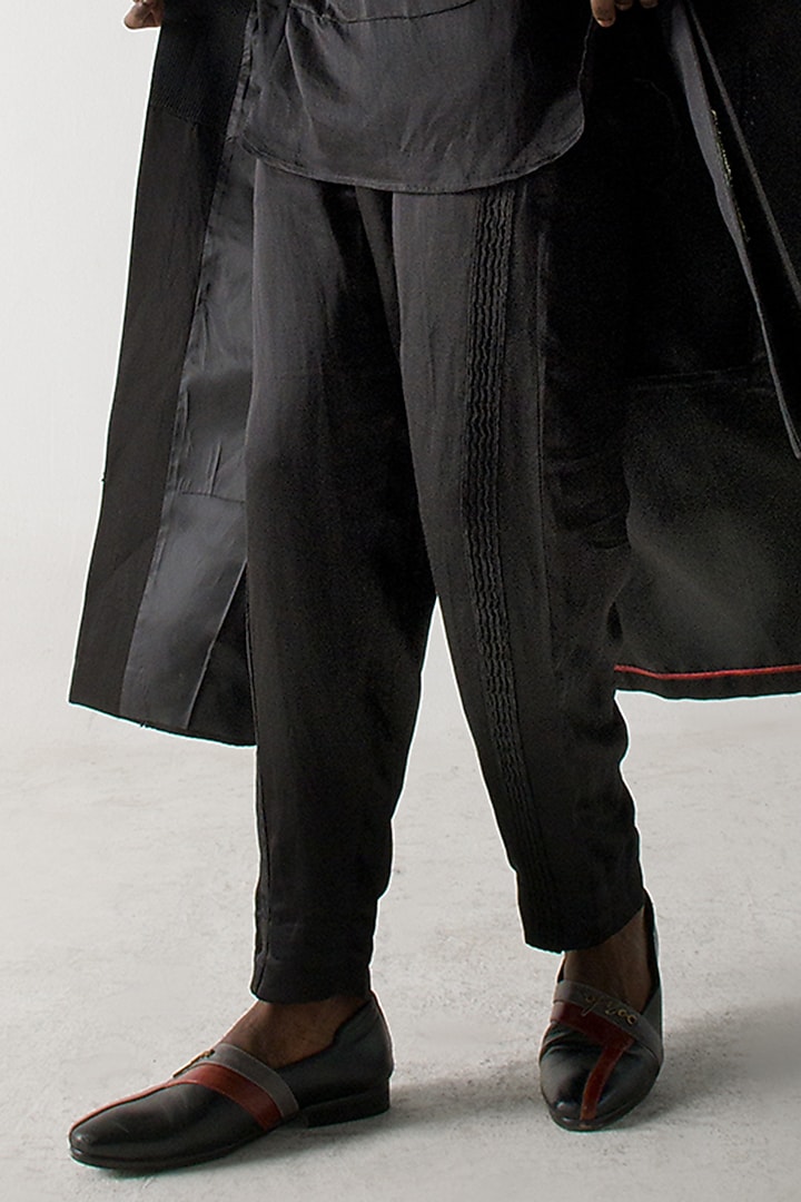 Black Modal Rayon Embroidered Overcoat Set by Jatin Malik at Pernia's Pop Up Shop