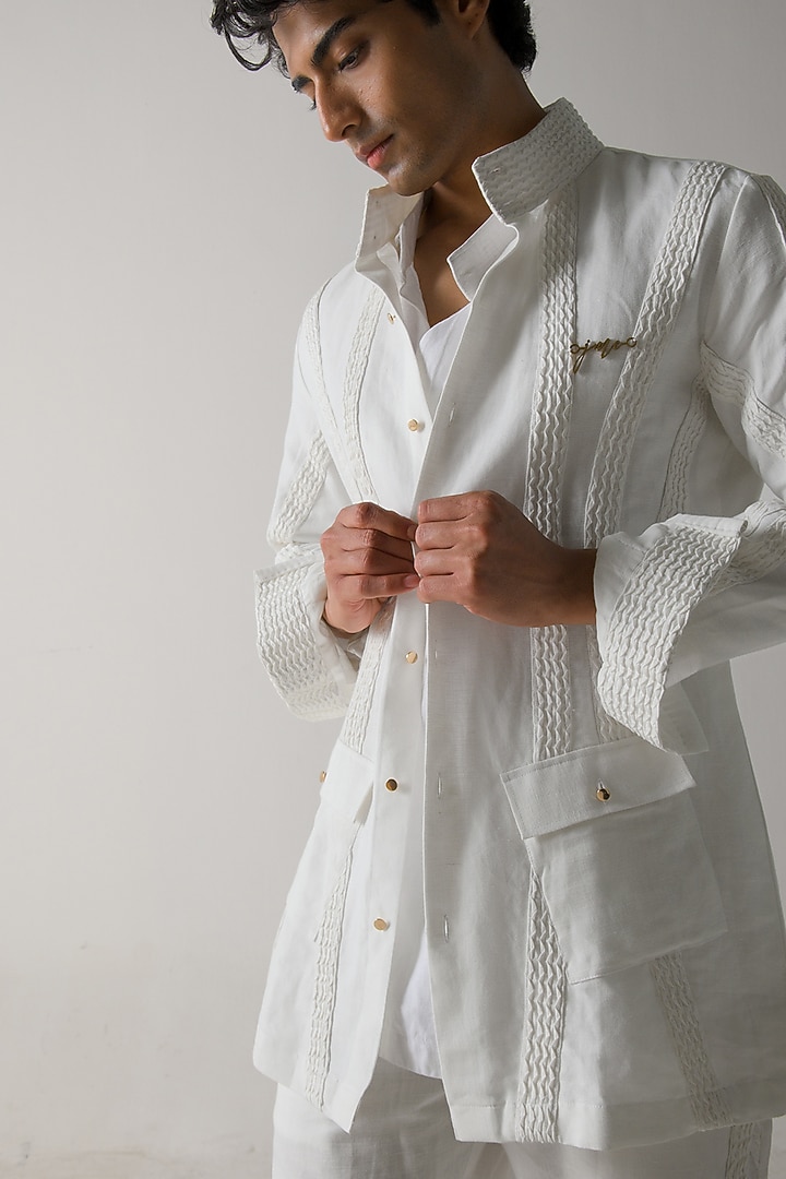 White Cotton Linen Shacket by Jatin Malik at Pernia's Pop Up Shop
