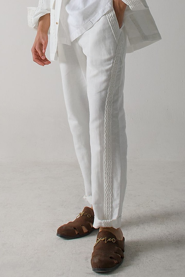 White Cotton Linen Trousers by Jatin Malik at Pernia's Pop Up Shop