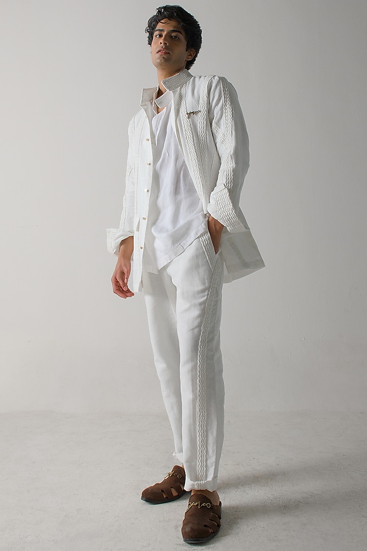 White Cotton Linen Co-Ord Set by Jatin Malik
