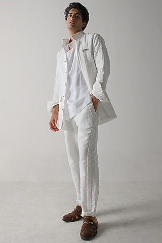 White Cotton Linen Co-Ord Set by Jatin Malik