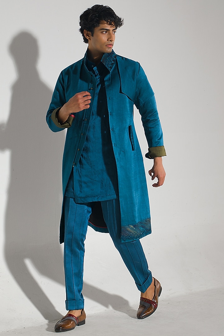 Teal Blue Linen Silk Handpainted Overcoat by Jatin Malik