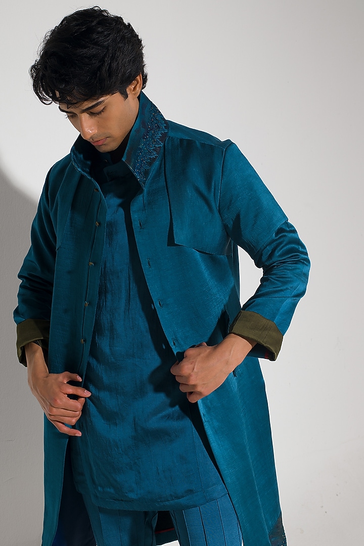 Teal Blue Linen Silk Handpainted Overcoat by Jatin Malik at Pernia's Pop Up Shop