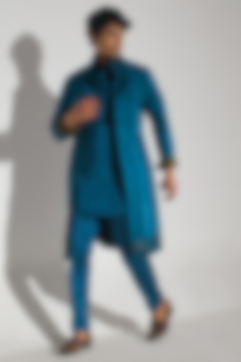 Teal Blue Linen Silk Handpainted Overcoat Set by Jatin Malik