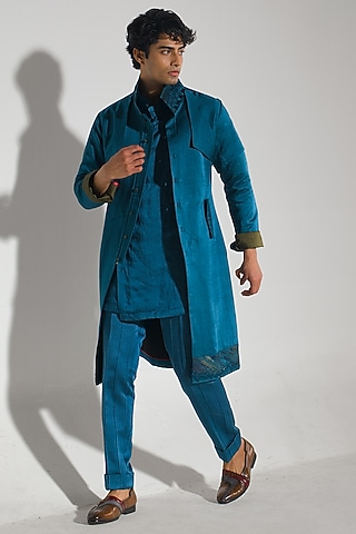 Teal Blue Linen Silk Handpainted Overcoat Set by Jatin Malik