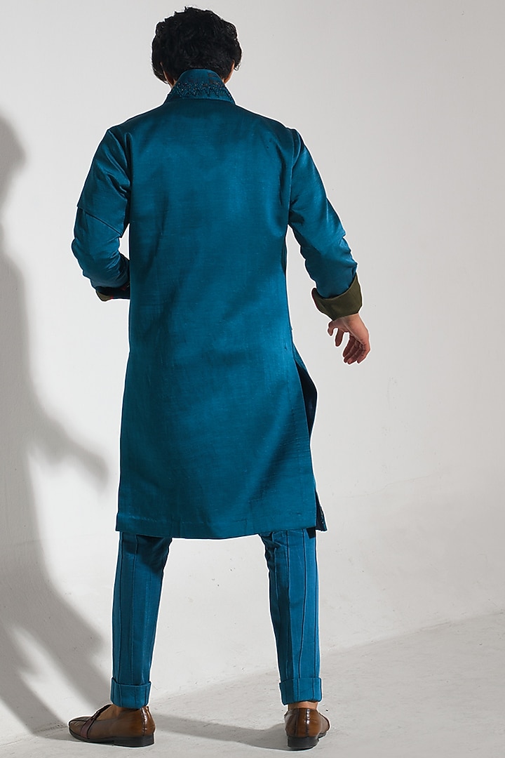 Teal Blue Linen Silk Handpainted Overcoat Set by Jatin Malik at Pernia's Pop Up Shop
