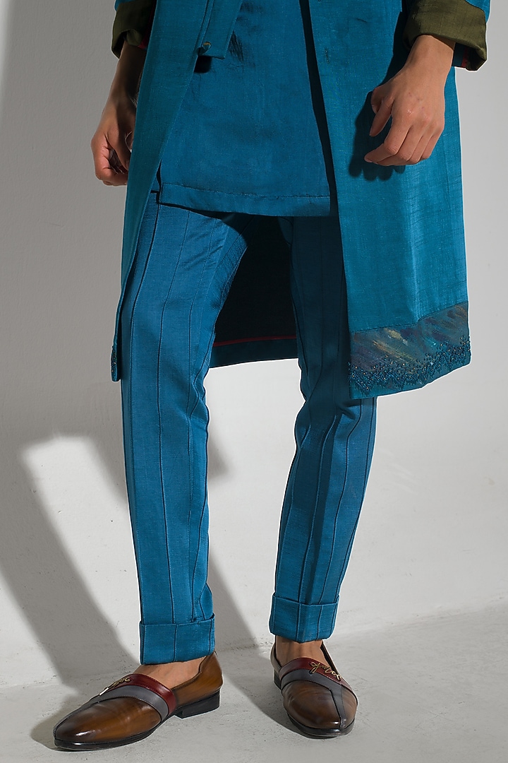 Teal Blue Linen Silk Handpainted Overcoat Set by Jatin Malik at Pernia's Pop Up Shop