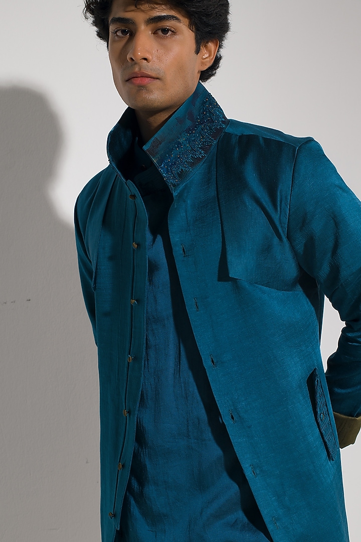 Teal Blue Linen Silk Handpainted Overcoat Set by Jatin Malik at Pernia's Pop Up Shop