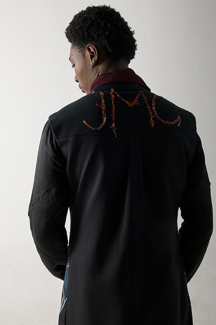 Black Modal Rayon Hand Embroidered Overcoat by Jatin Malik at Pernia's Pop Up Shop
