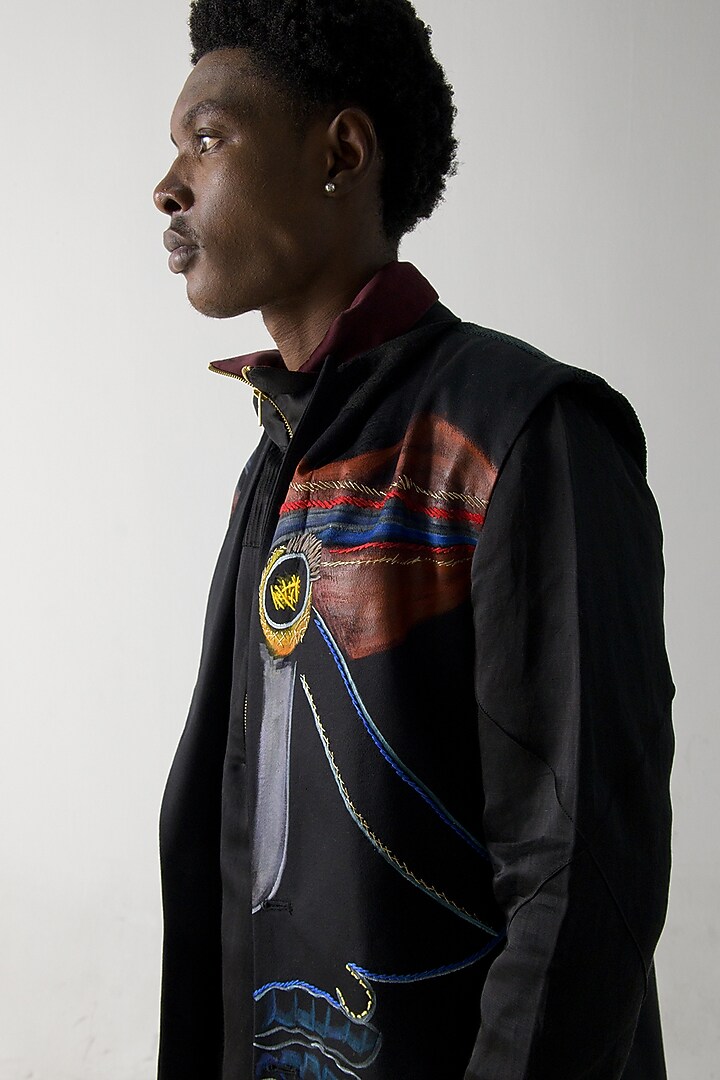 Black Modal Rayon Hand Embroidered Overcoat by Jatin Malik at Pernia's Pop Up Shop