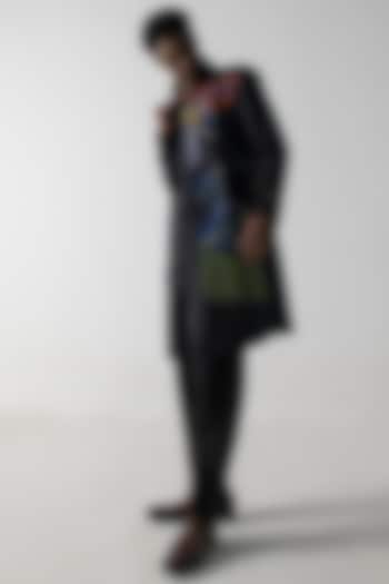 Black Modal Rayon Hand Embroidered Overcoat Set by Jatin Malik