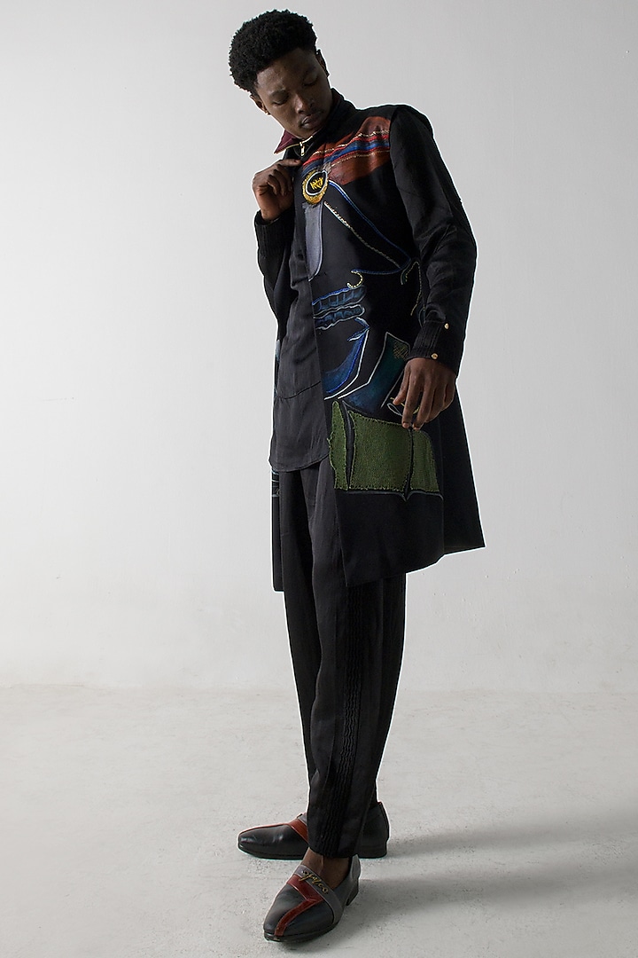 Black Modal Rayon Hand Embroidered Overcoat Set by Jatin Malik