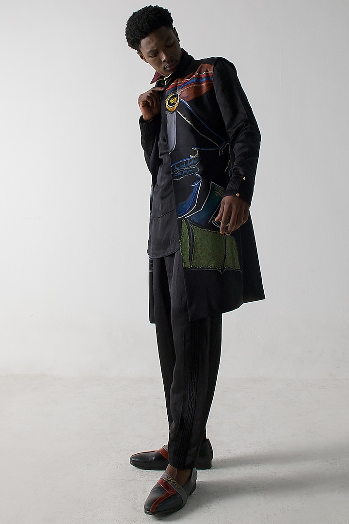 Black Modal Rayon Hand Embroidered Overcoat Set by Jatin Malik at Pernia's Pop Up Shop